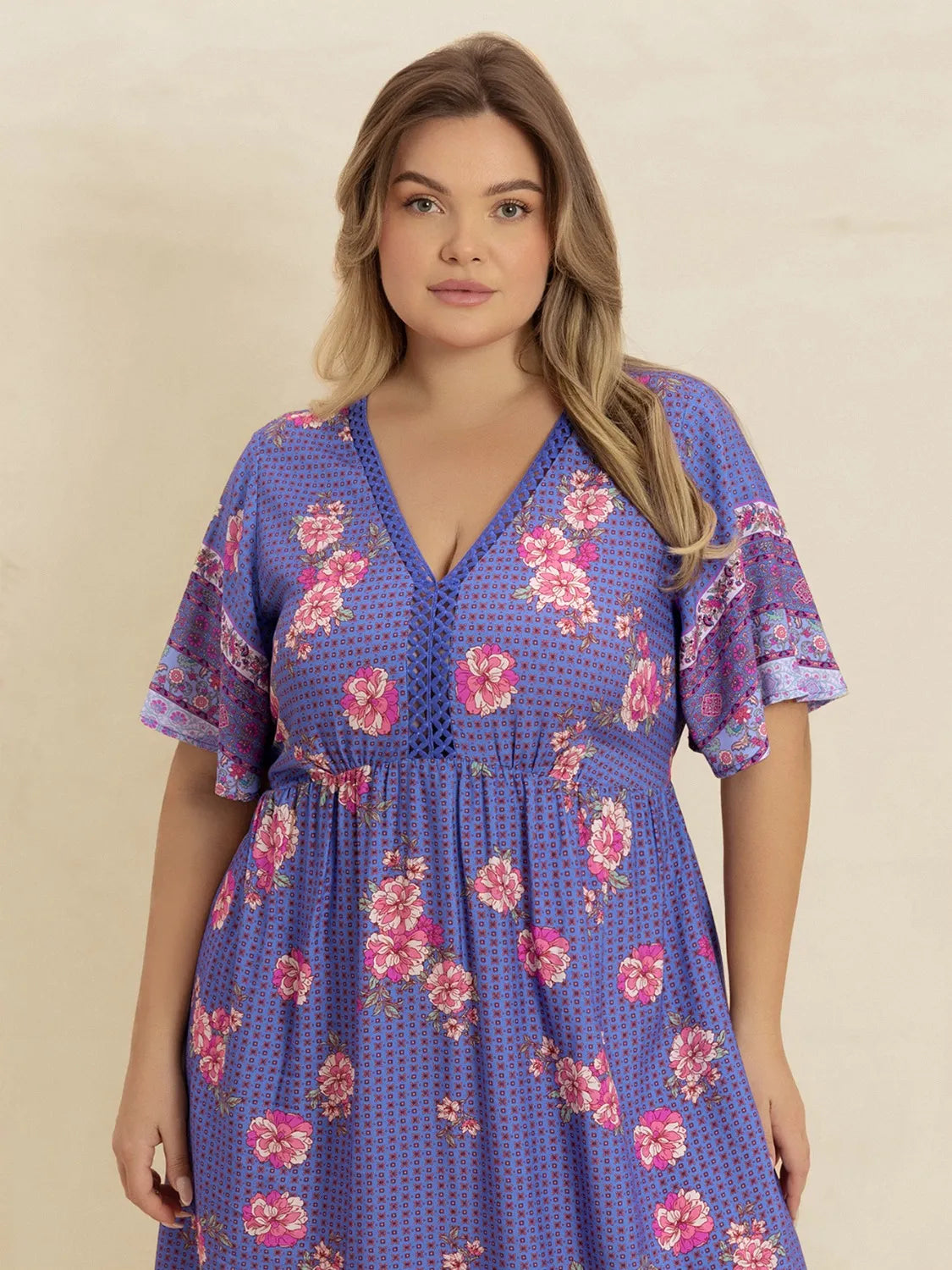 Plus Size Printed V-Neck Flutter Sleeve Dress - Blushé Belle
