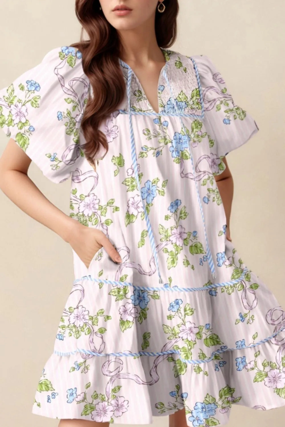 Printed Tie Neck Short Sleeve Mini Dress - Blushé Belle