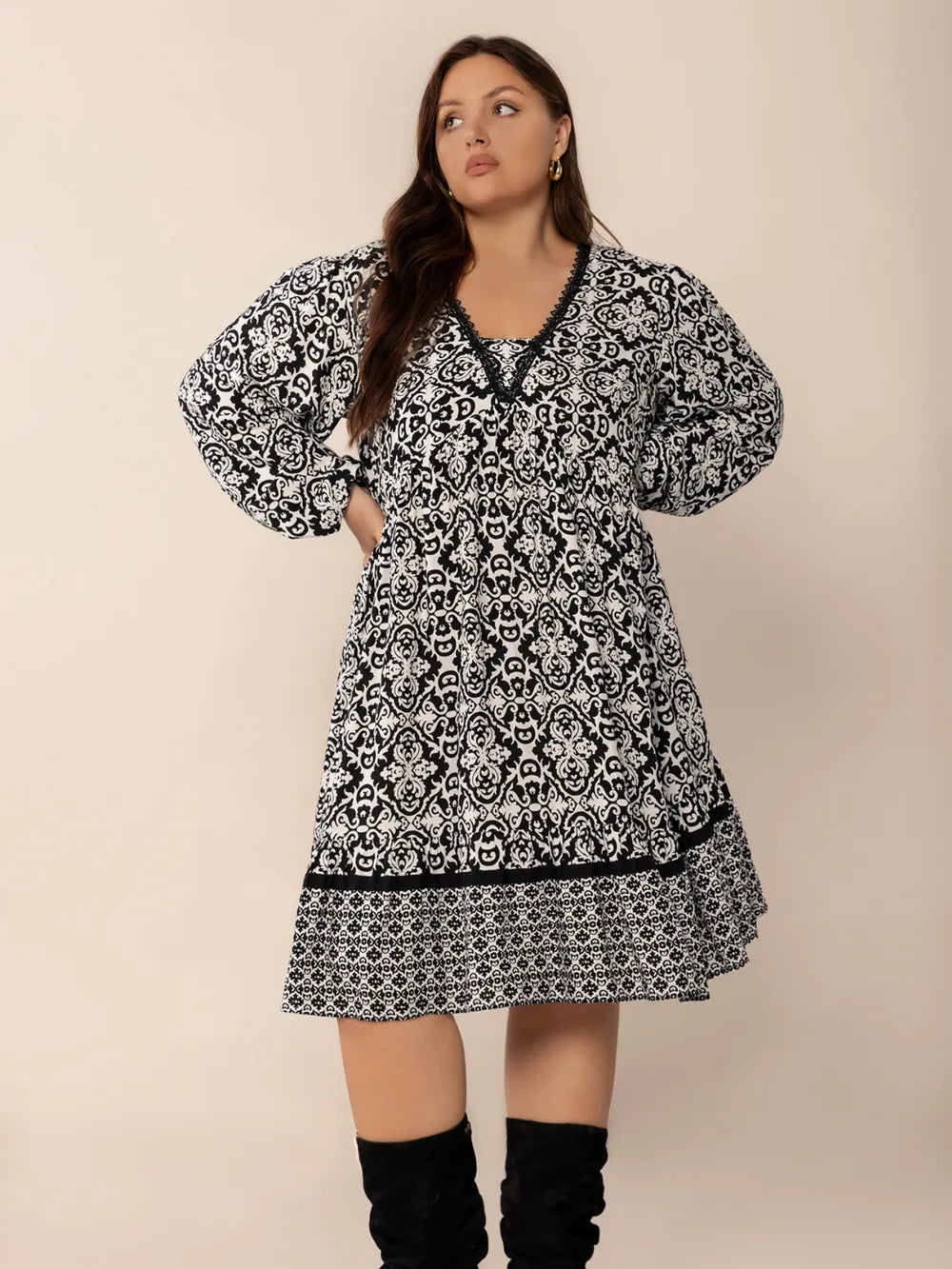 Plus Size Lace Detail Printed Balloon Sleeve Dress - Blushé Belle