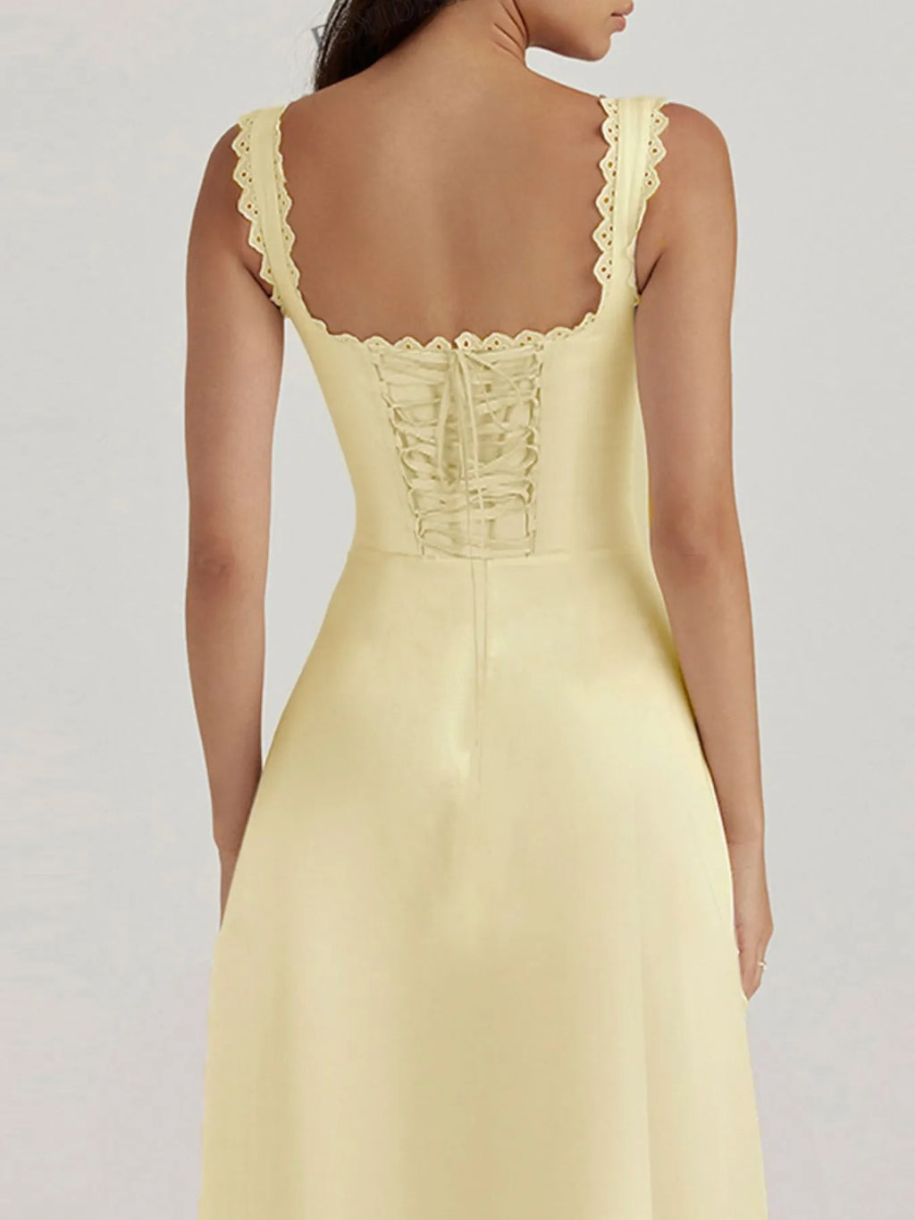 Scalloped V-Neck Midi Dress with Back Lace-Up - Blushé Belle