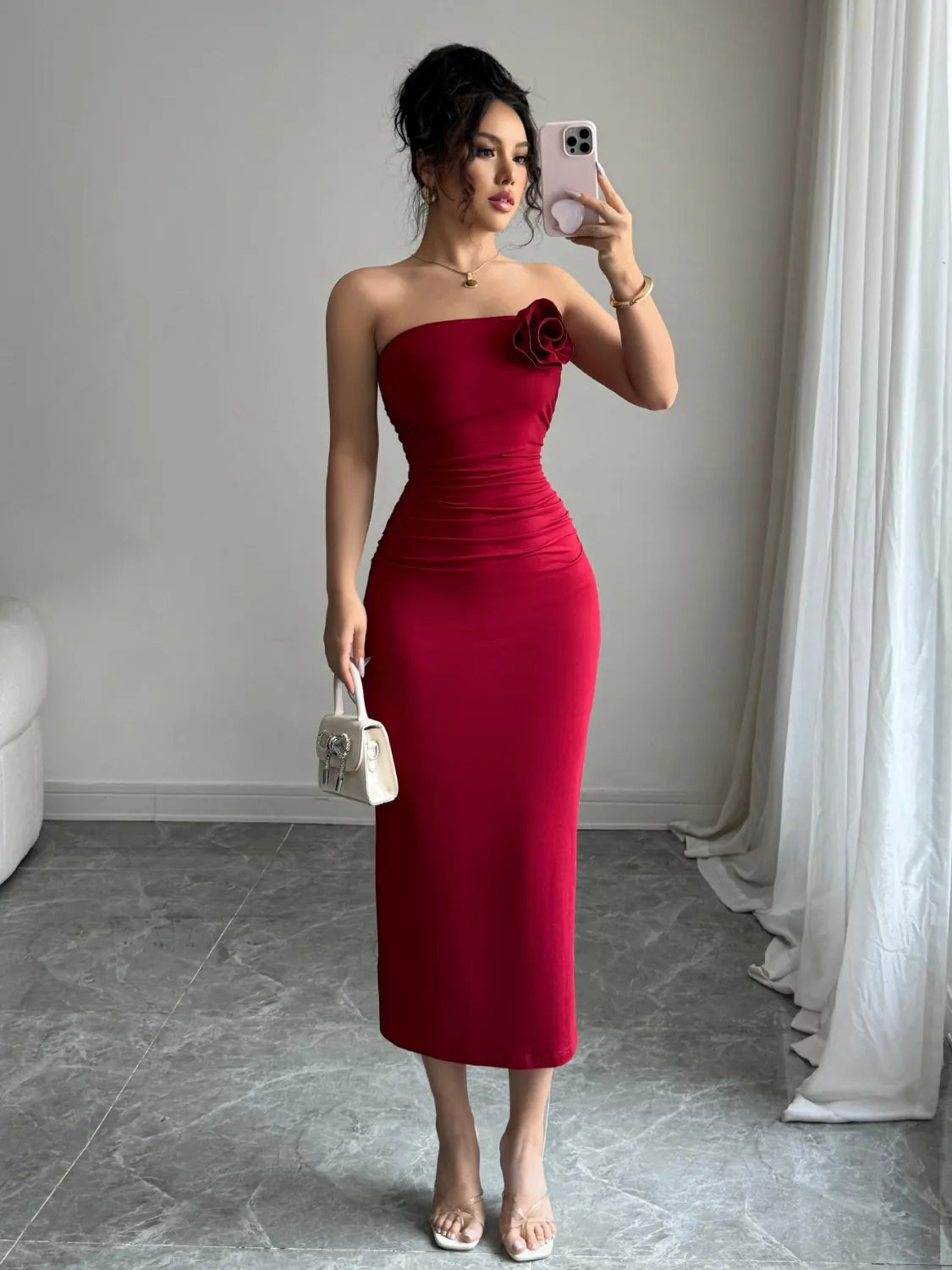 Slit Back Flower Tube Midi Dress - Blushé Belle