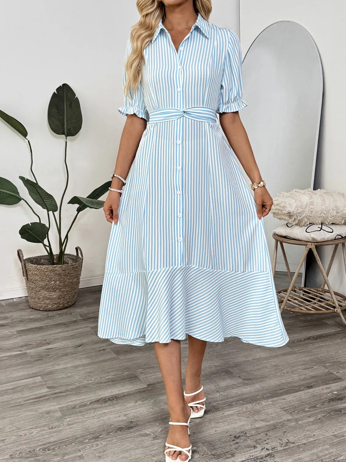 Striped Button-Down Midi Shirt Dress with Ruffle Sleeves - Blushé Belle