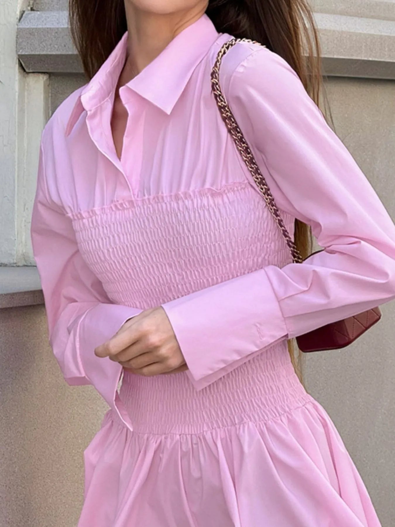 Smocked Long Sleeve Shirt Dress - Blushé Belle