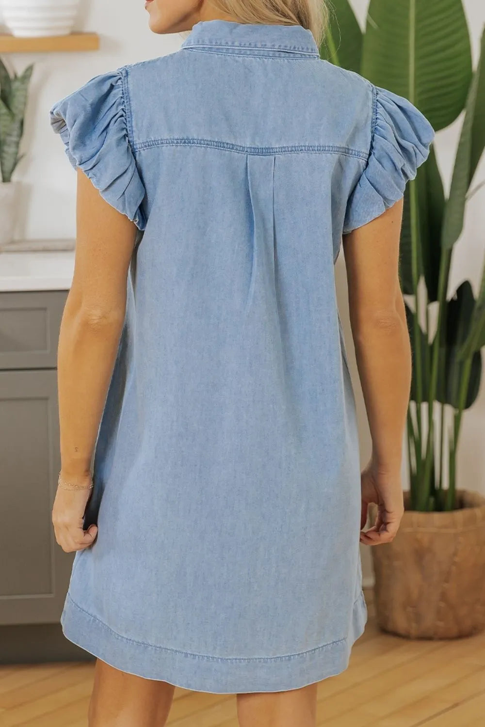 Smocked Collared Neck Cap Sleeve Denim Dress - Blushé Belle