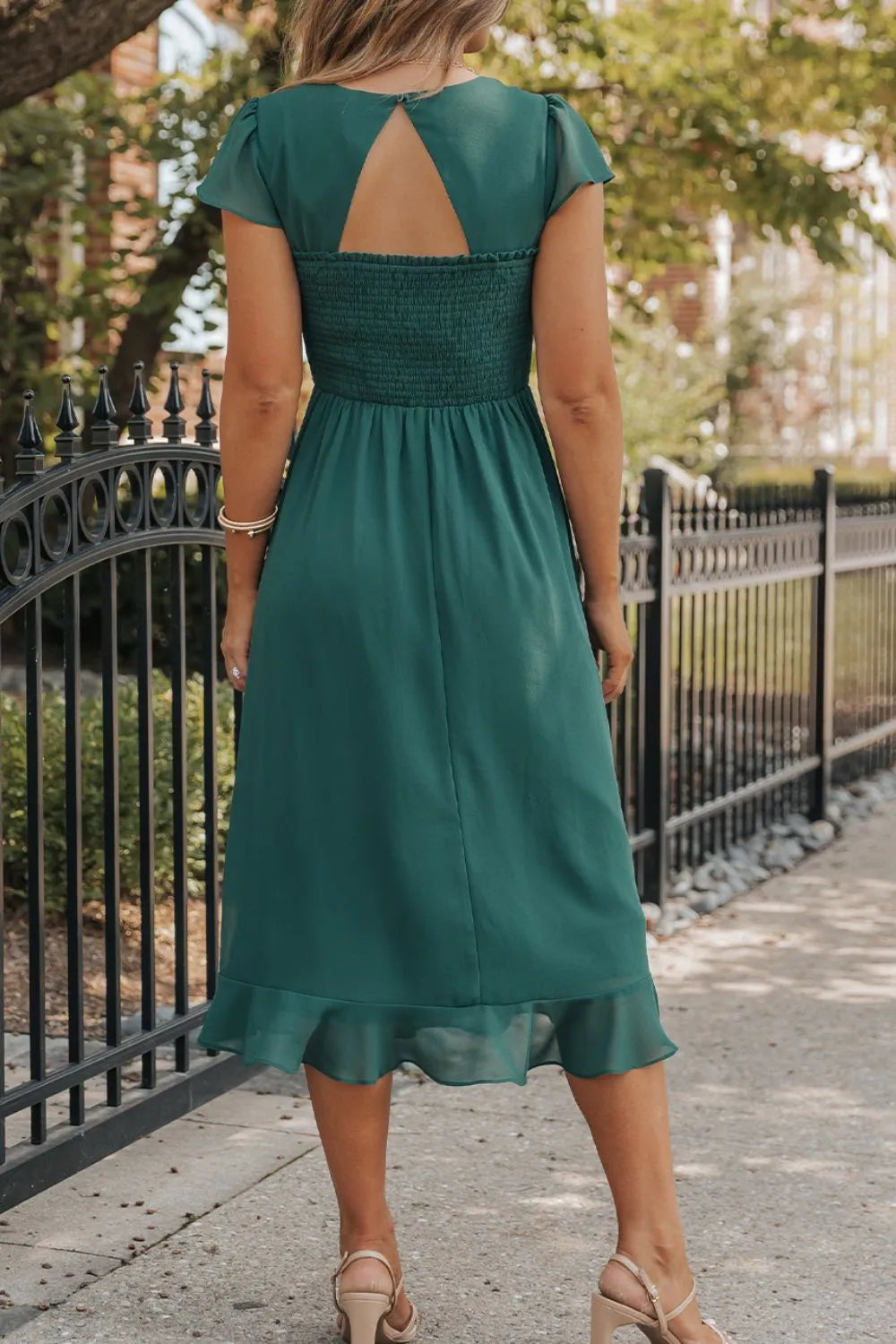 Cutout Ruffle Hem Cap Sleeve Dress - Blushé Belle