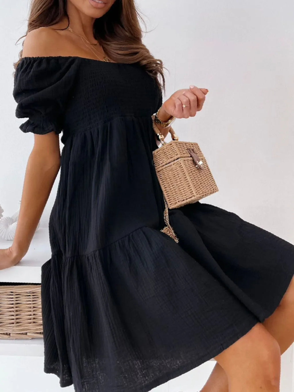 Smocked Off-Shoulder Mini Dress - Blushé Belle