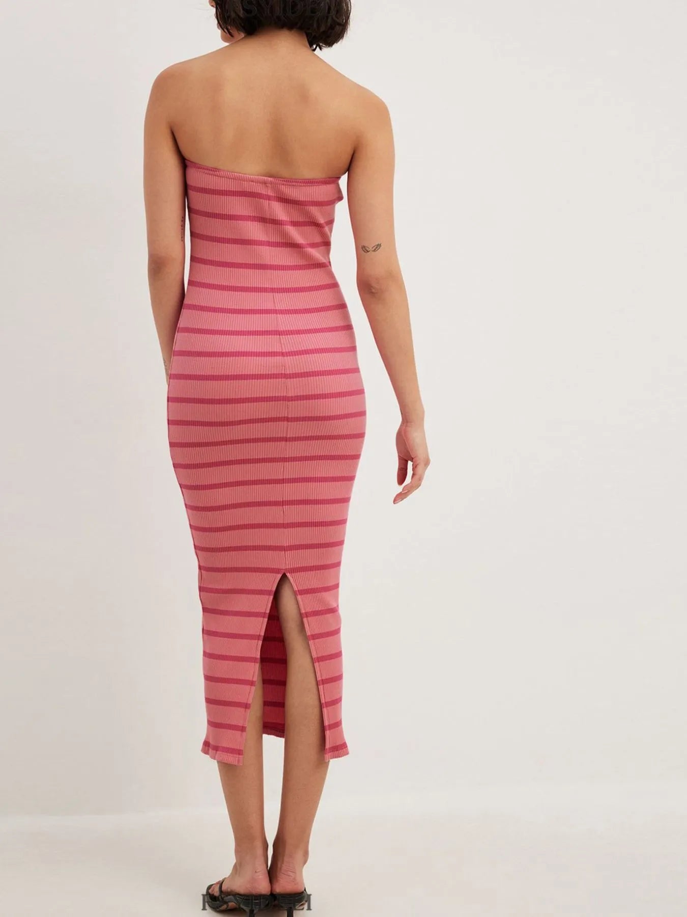 Slit Back Striped Strapless Bodycon Midi Dress - Blushé Belle