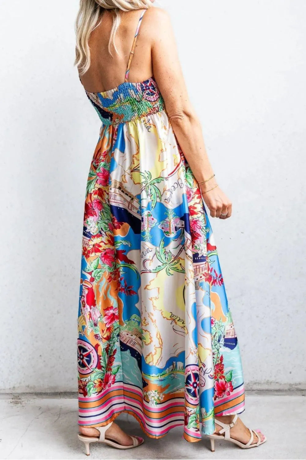 Smocked Back Printed Square Neck Maxi Cami Dress with Pockets - Blushé Belle