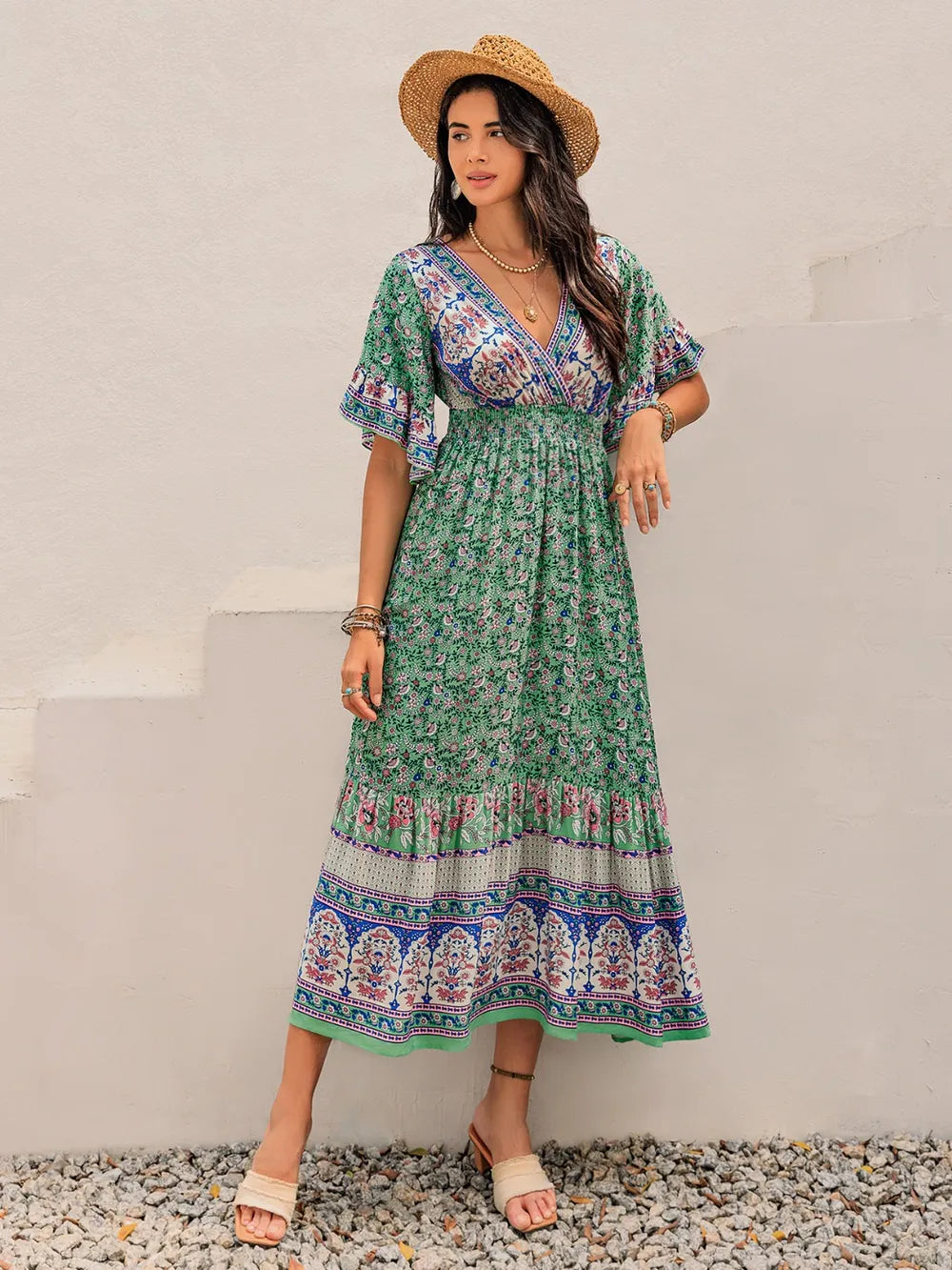 Ruched Printed Flounce Sleeve Midi Dress - Blushé Belle