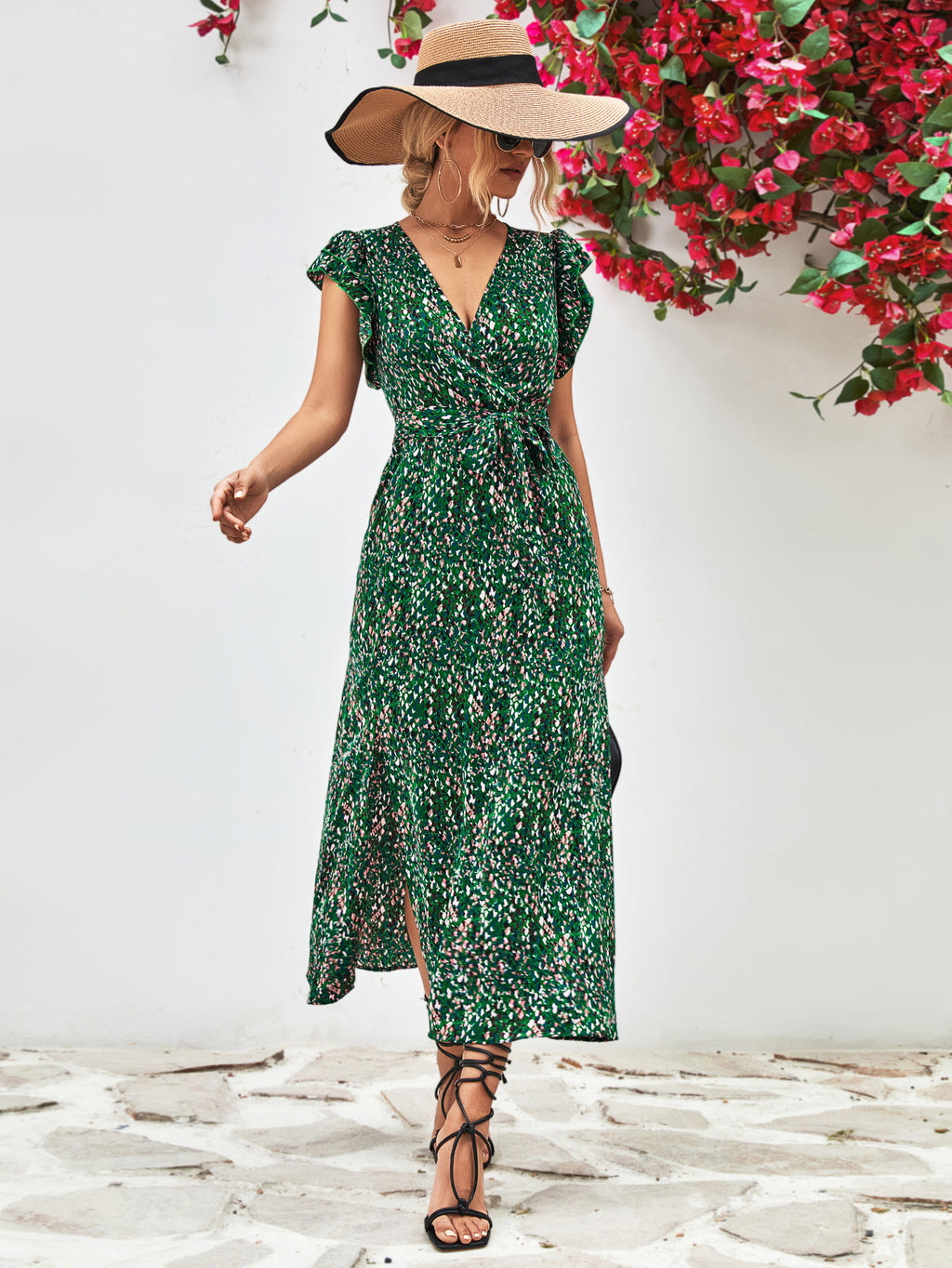 Printed Surplice Neck Flutter Sleeve Slit Dress - Blushé Belle