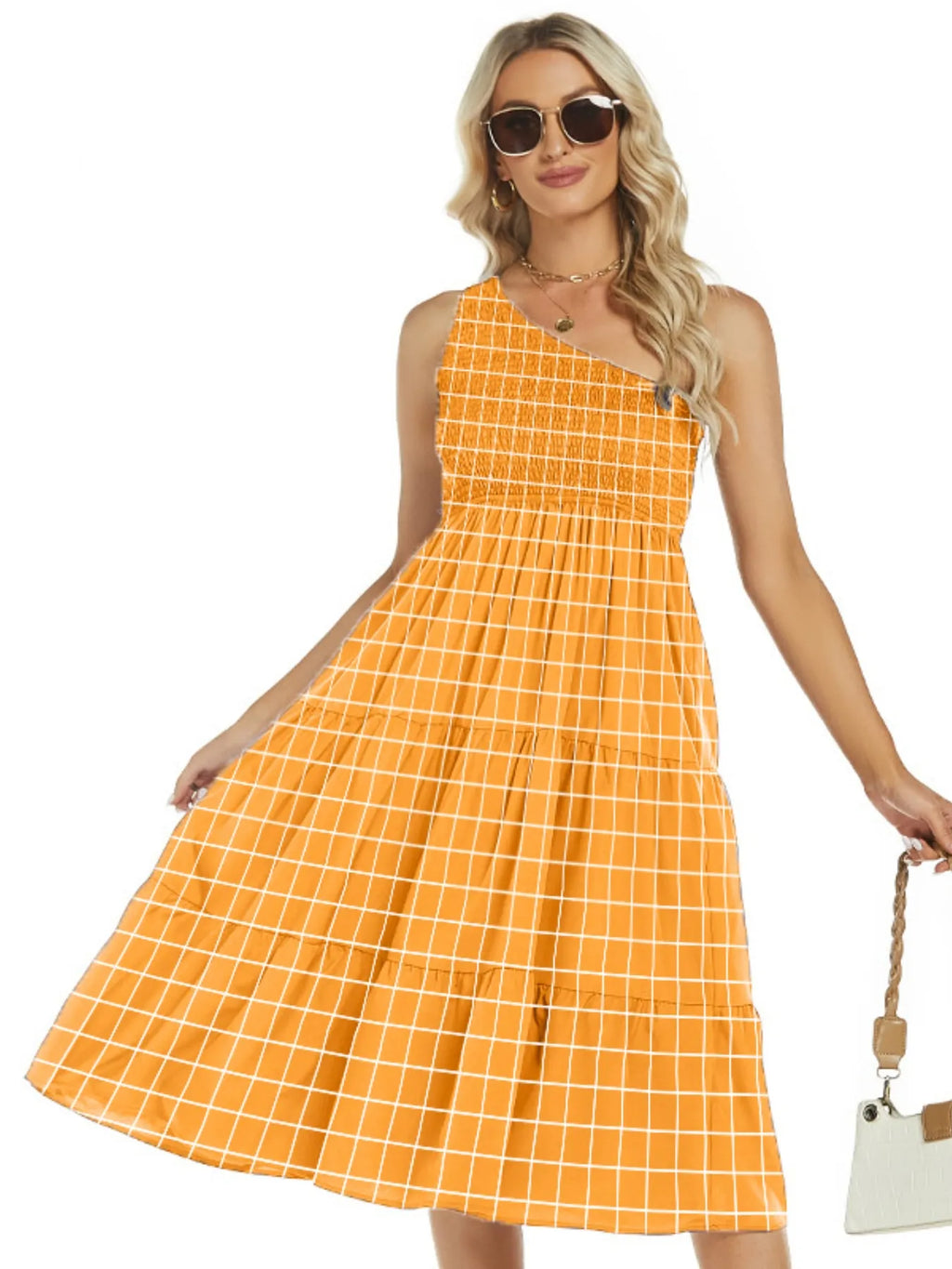 One-Shoulder Tiered Midi Dress with Smocked Bodice - Blushé Belle