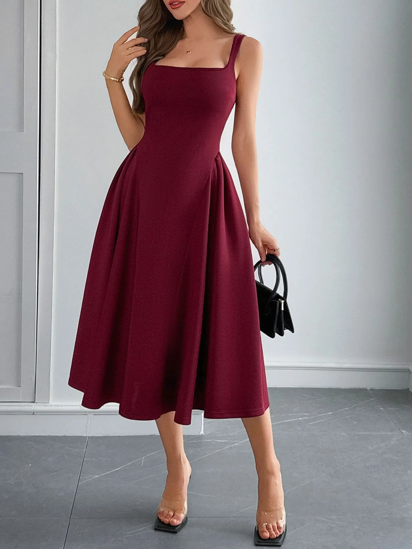 Square Neck Wide Strap Midi Dress - Blushé Belle