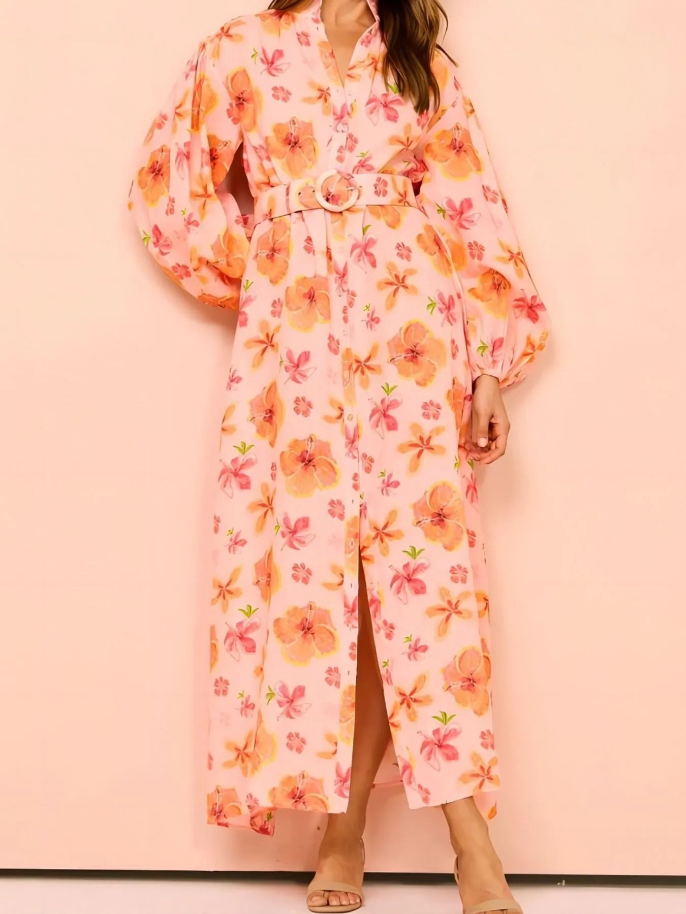 Printed Maxi Shirt Dress with Belt - Blushé Belle