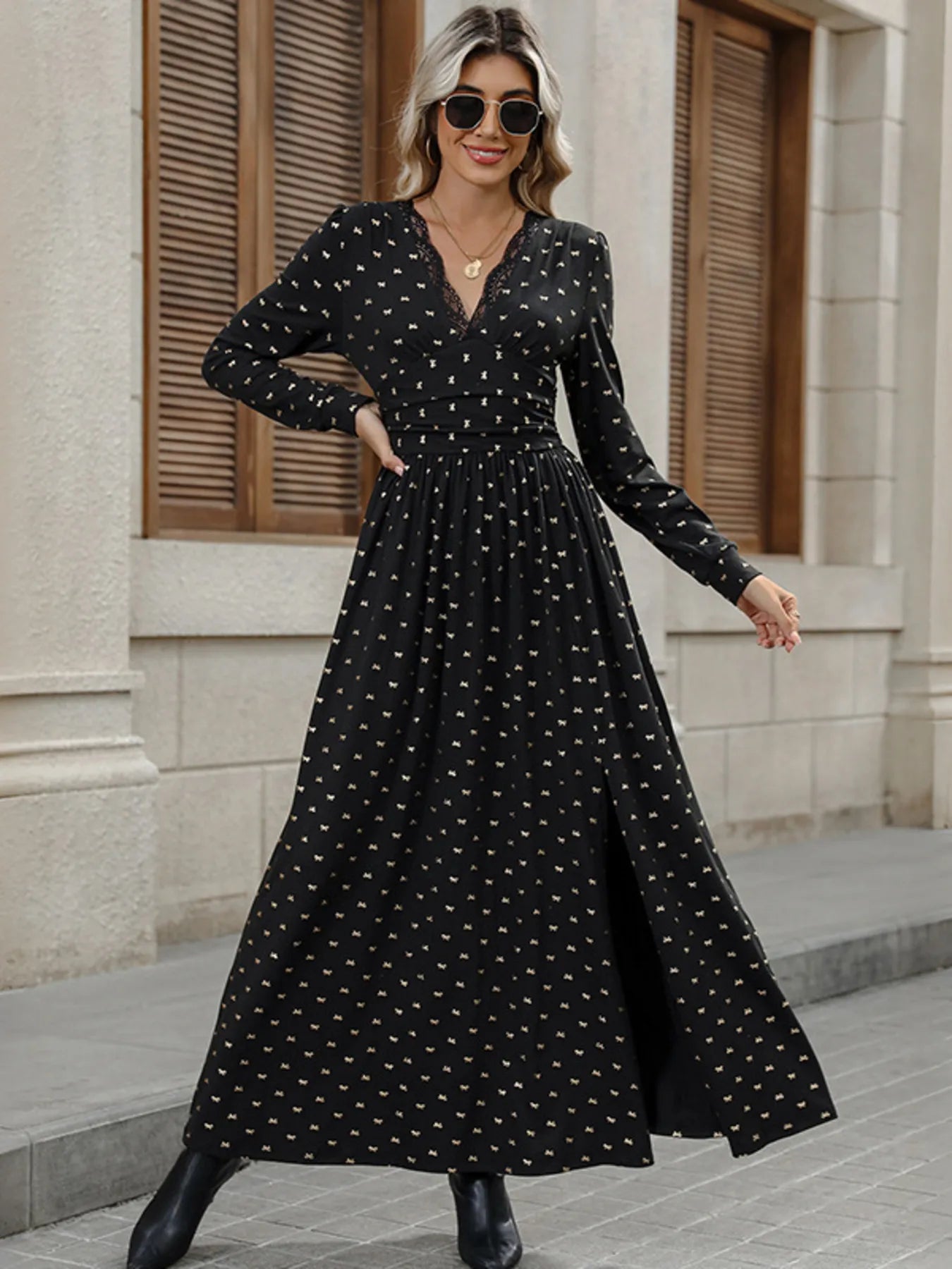 Bow Long Sleeve V-Neck Maxi Dress - Blushé Belle