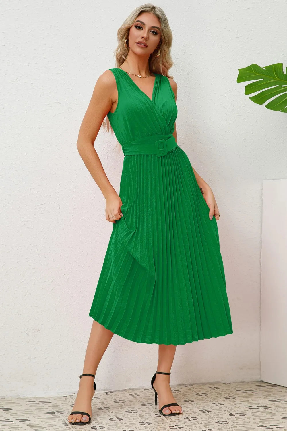 Surplice Sleeveless Midi Pleated Dress - Blushé Belle