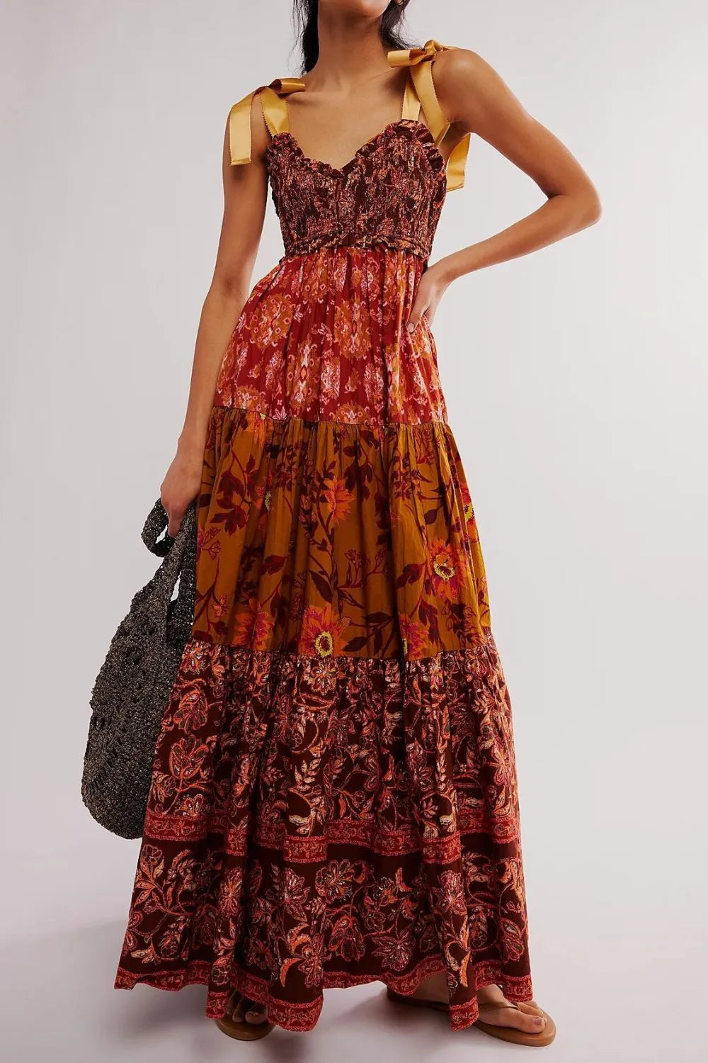 Floral Tiered Maxi Dress with Mixed Print Design - Blushé Belle