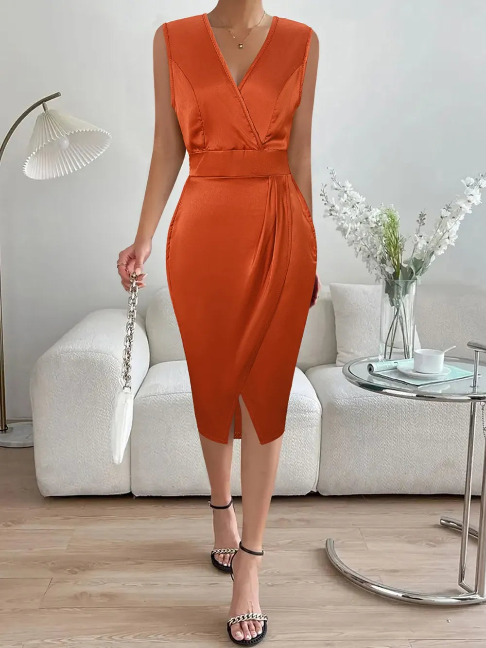 Slit Surplice Sleeveless Midi Dress - Blushé Belle