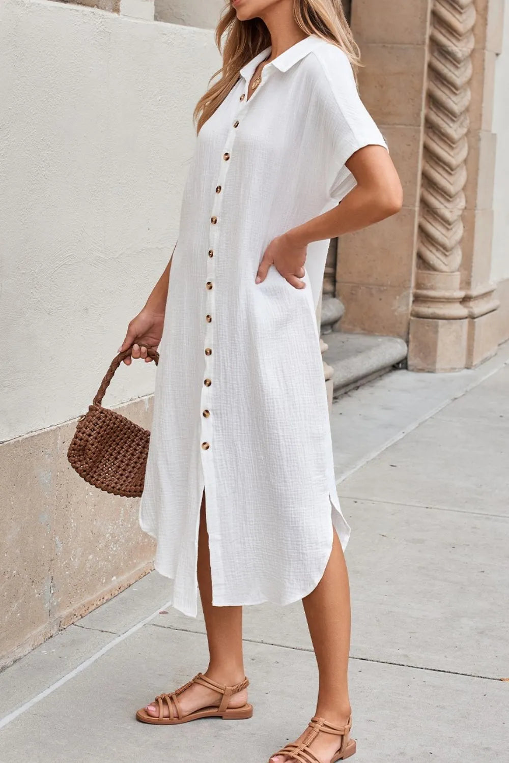 Button Down Short Sleeve Midi Shirt Dress - Blushé Belle