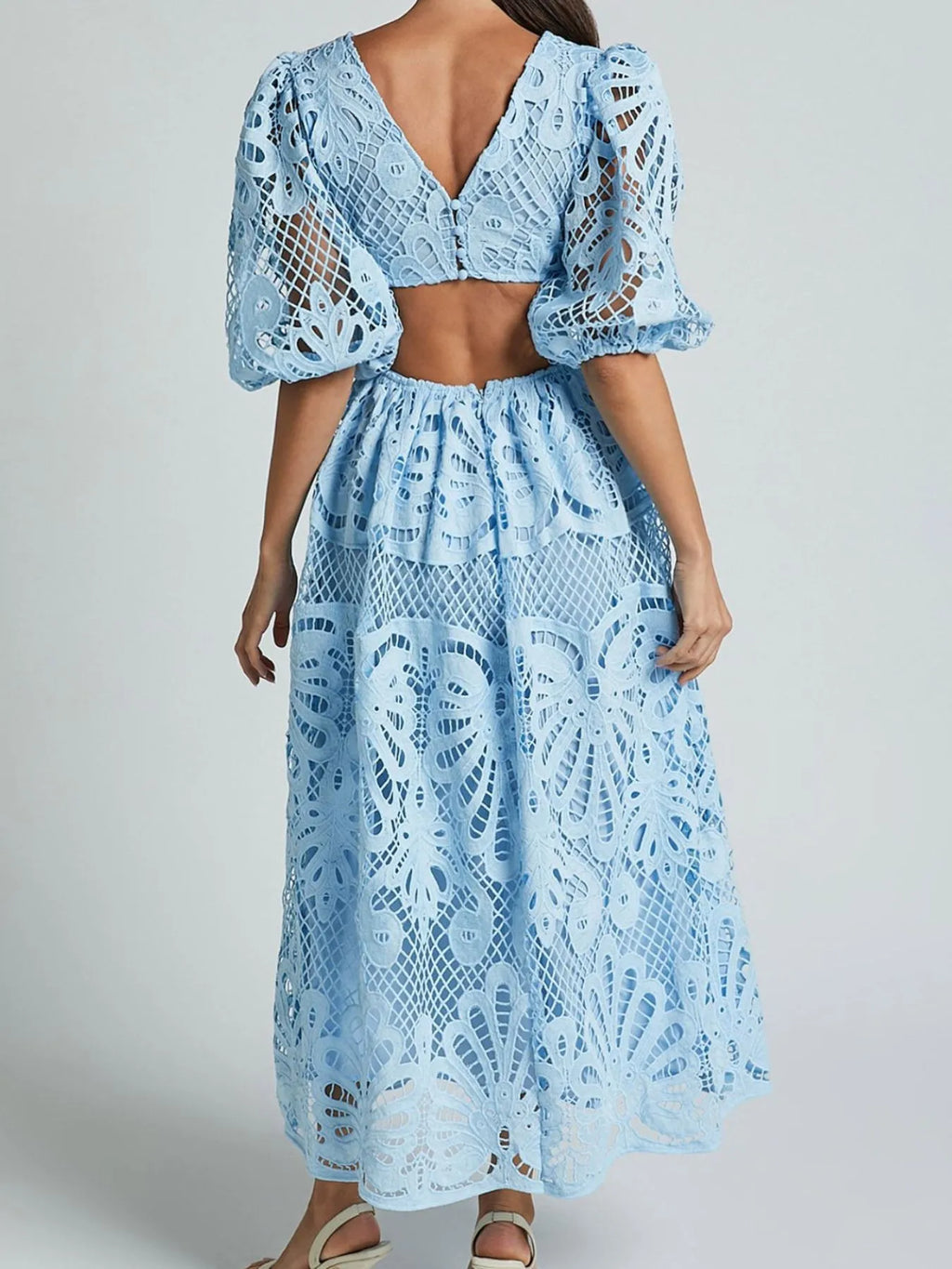 Cutout Back Lace Crochet V-Neck Dress - Blushé Belle