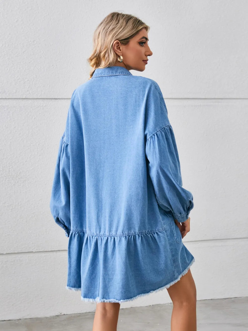 Button Up Pocketed Raw Hem Denim Dress - Blushé Belle