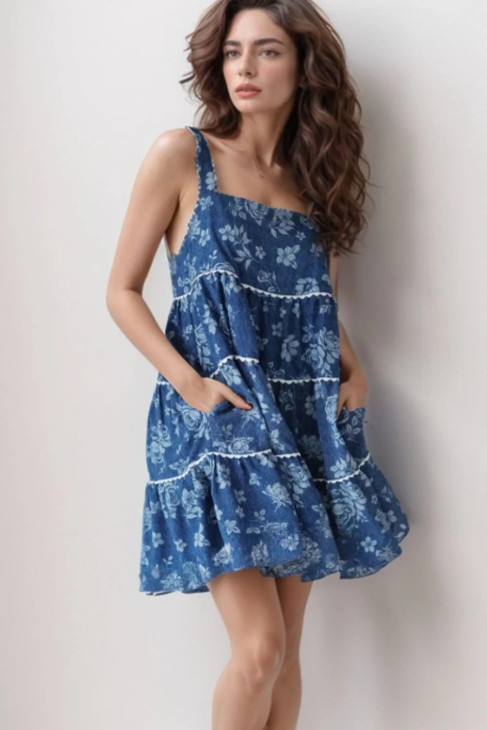 Floral Tiered Square Neck Denim Dress - Blushé Belle
