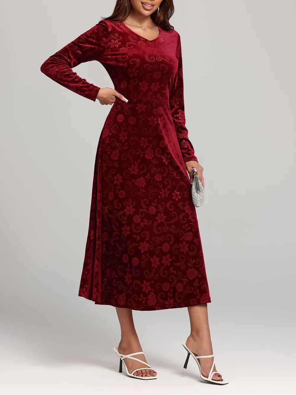 Flower Print V-Neck Long Sleeve Midi Dress - Blushé Belle