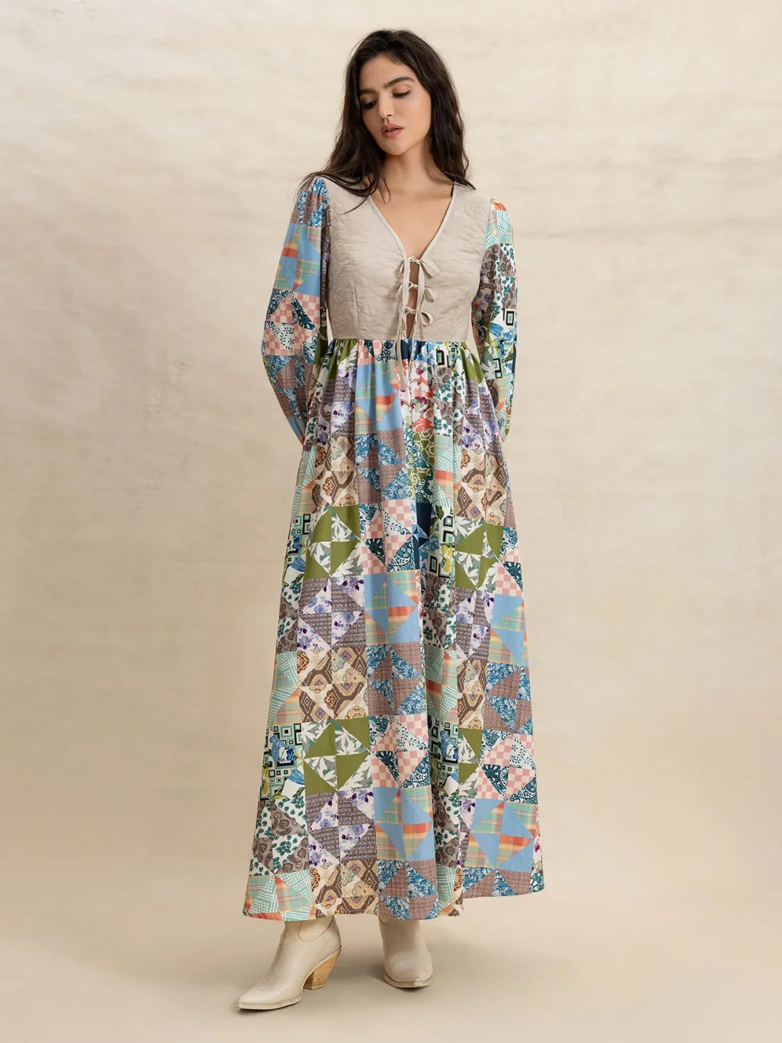 Tied Front Printed Long Sleeve Maxi Dress - Blushé Belle