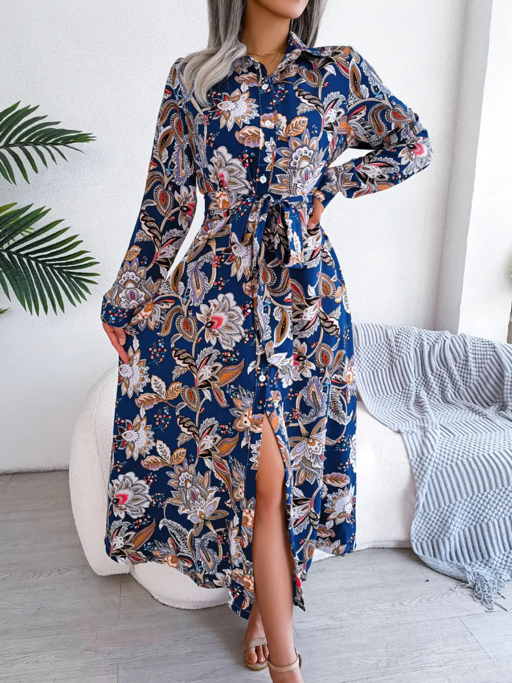 Tied Printed Long Sleeve Midi Dress - Blushé Belle