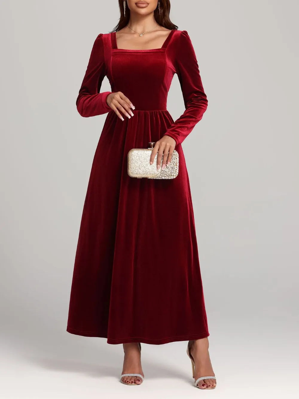 Velvet Square Neck Long Sleeve Dress - Blushé Belle