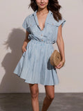 Hlaf Button Striped Cap Sleeve Mini Shirt Dress - Blushé Belle