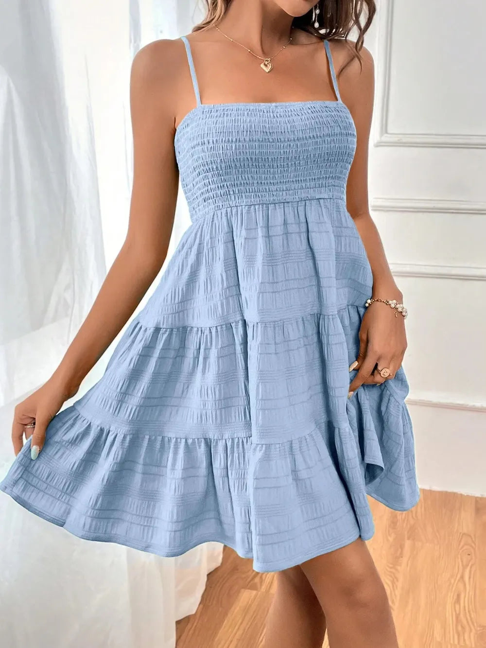 Smocked Tiered Sleeveless Mini Dress - Blushé Belle