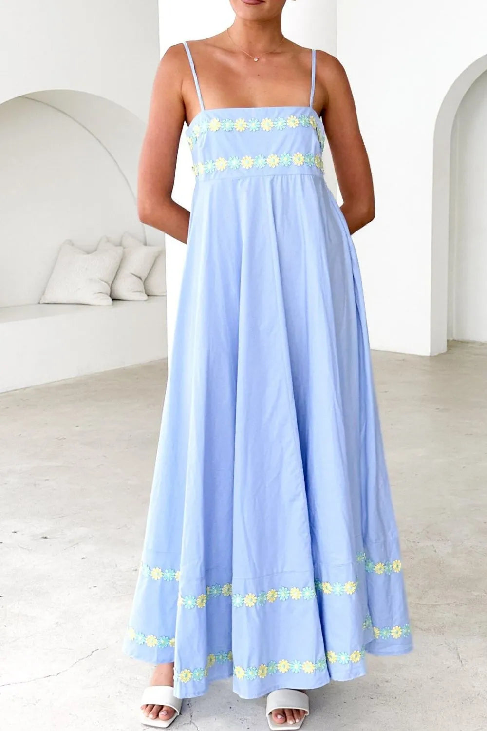 Floral Embroidered Spaghetti Strap Maxi Dress - Blushé Belle
