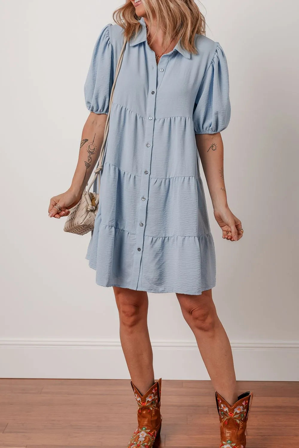 Button Up Puff Sleeve Tiered Shirt Dress - Blushé Belle