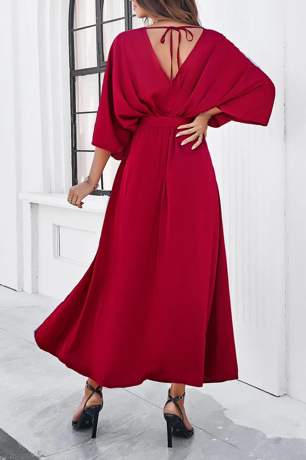 Devine Slit Tied V-Neck Three-Quarter Sleeve Dress - Blushé Belle