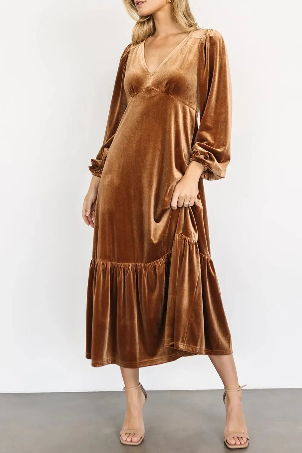 V-Neck Long Sleeve Midi Velvet Dress - Blushé Belle