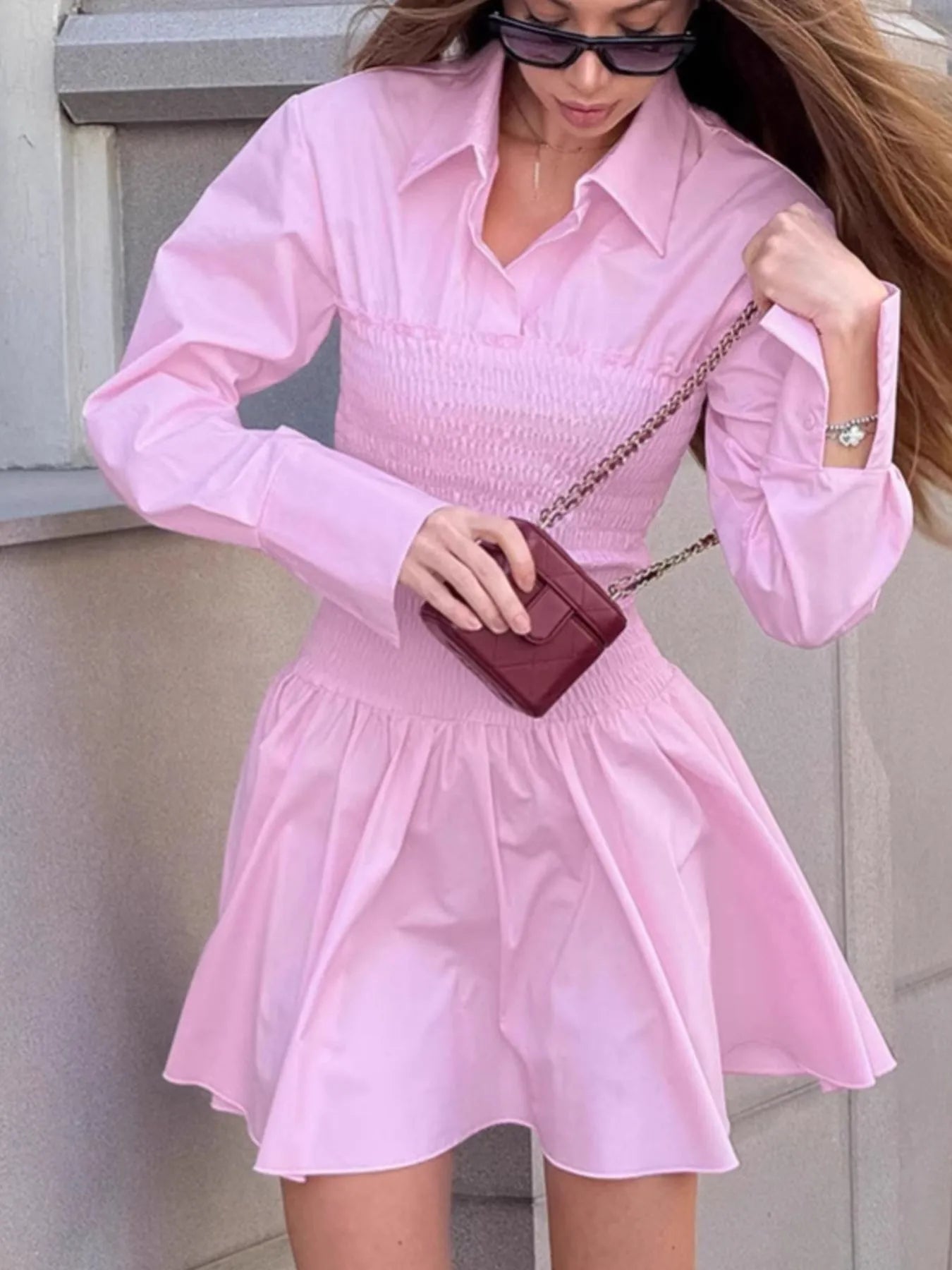 Smocked Long Sleeve Shirt Dress - Blushé Belle