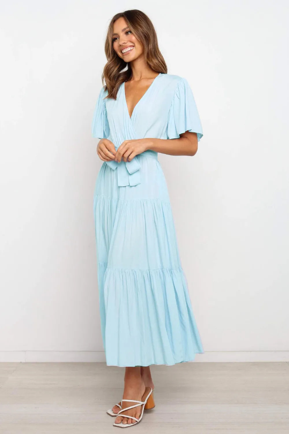Tied Back Tiered Short Sleeve Midi Dress - Blushé Belle