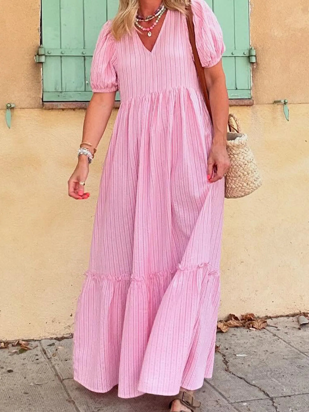 Striped Puff Sleeve V-Neck Maxi Dress - Blushé Belle