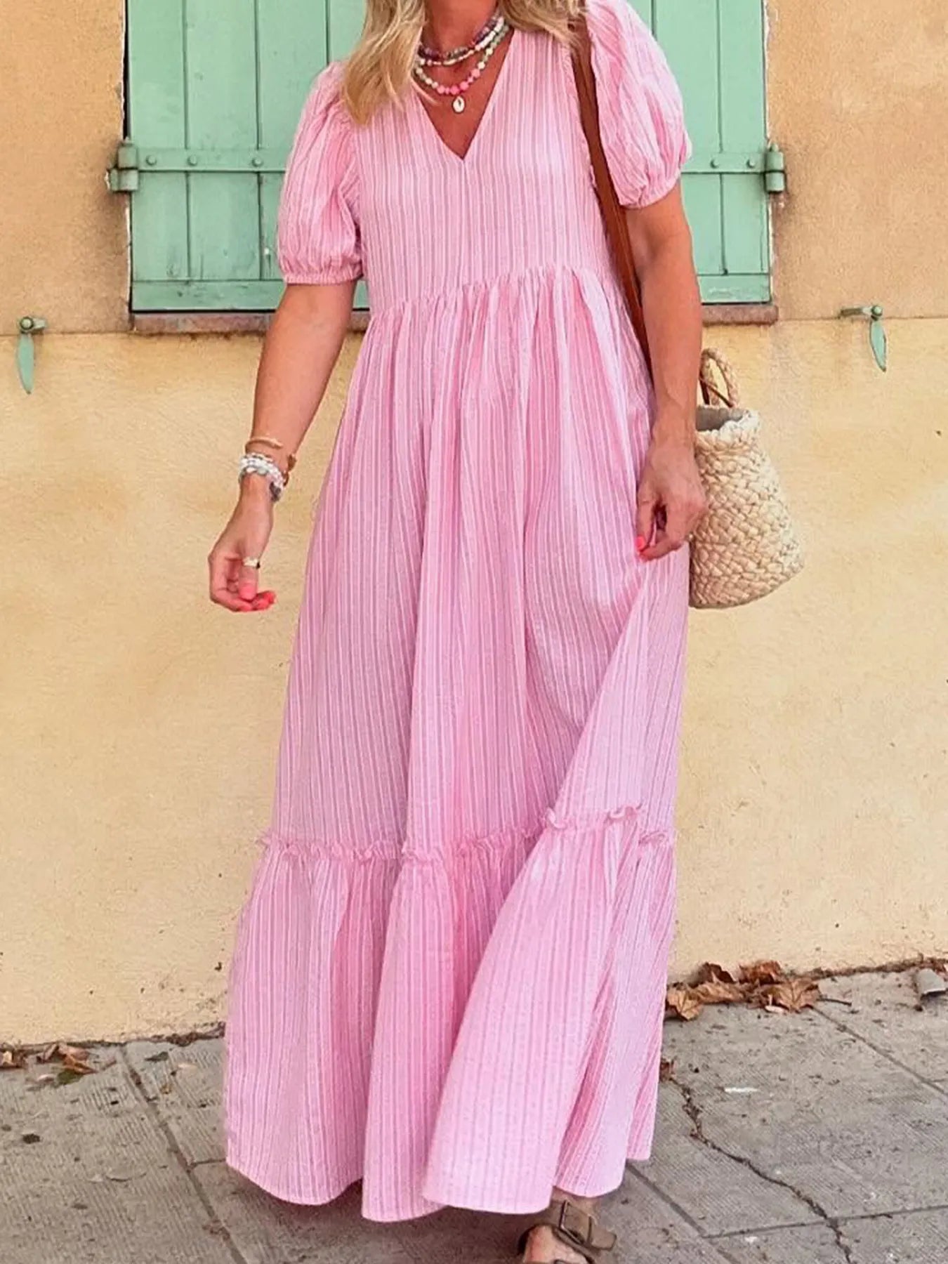 Striped Puff Sleeve V-Neck Maxi Dress - Blushé Belle