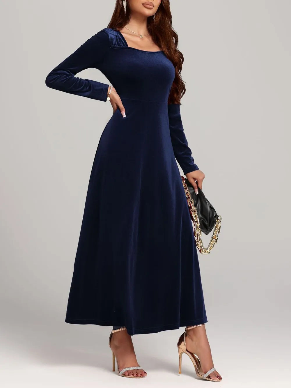 Square Neck Long Sleeve Velvet Dress - Blushé Belle