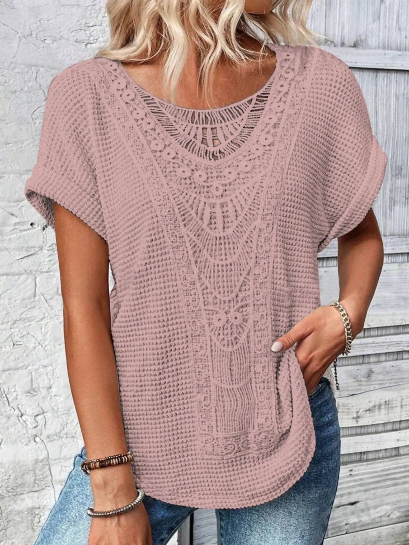 Crochet Lace Short Sleeve Casual T-Shirt - Blushé Belle