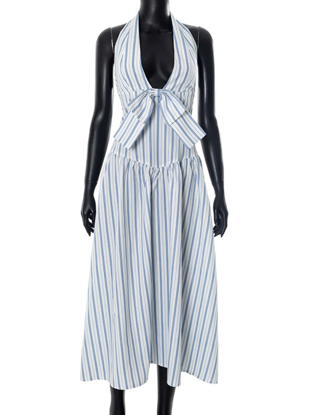 Striped Halter Neck Midi Dress with Tie Front Detail - Blushé Belle
