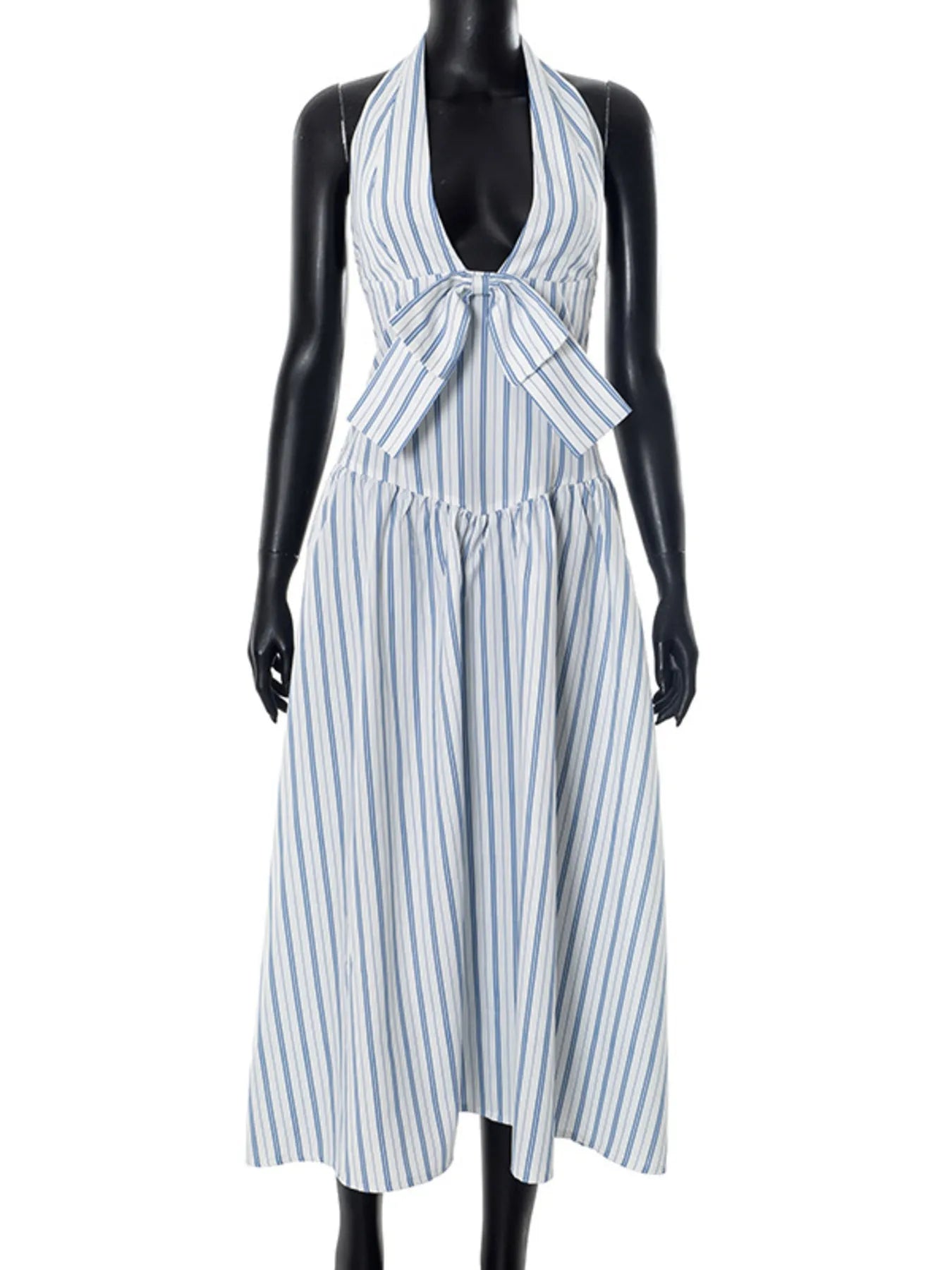 Striped Halter Neck Midi Dress with Tie Front Detail - Blushé Belle