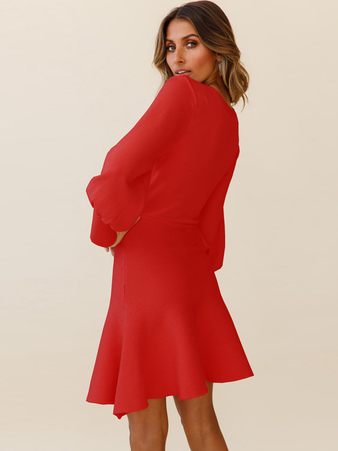 Round Neck Lantern Sleeve Sweater Dress - Blushé Belle