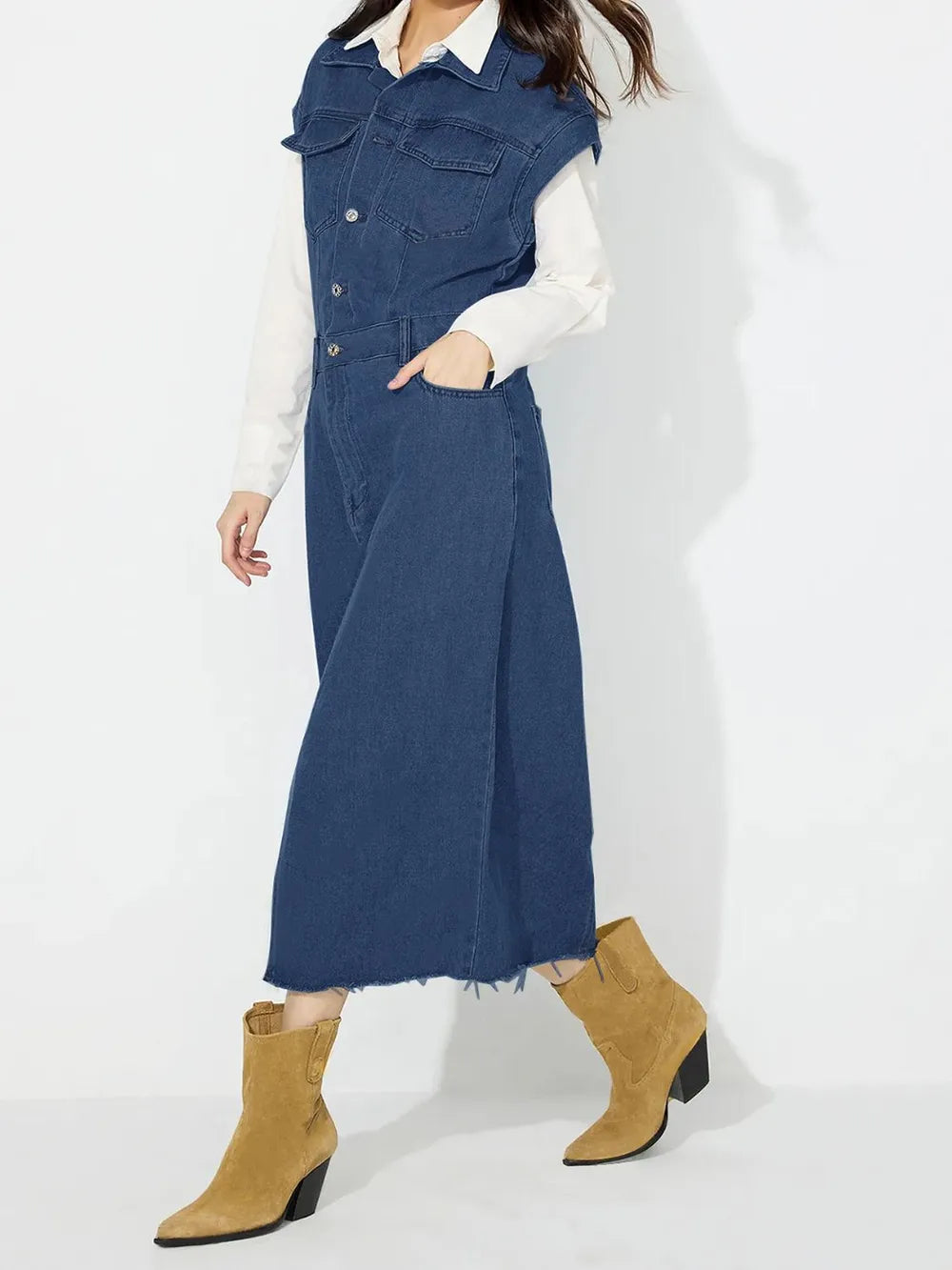 Slit Half Button Collared Neck Cap Sleeve Denim Dress - Blushé Belle