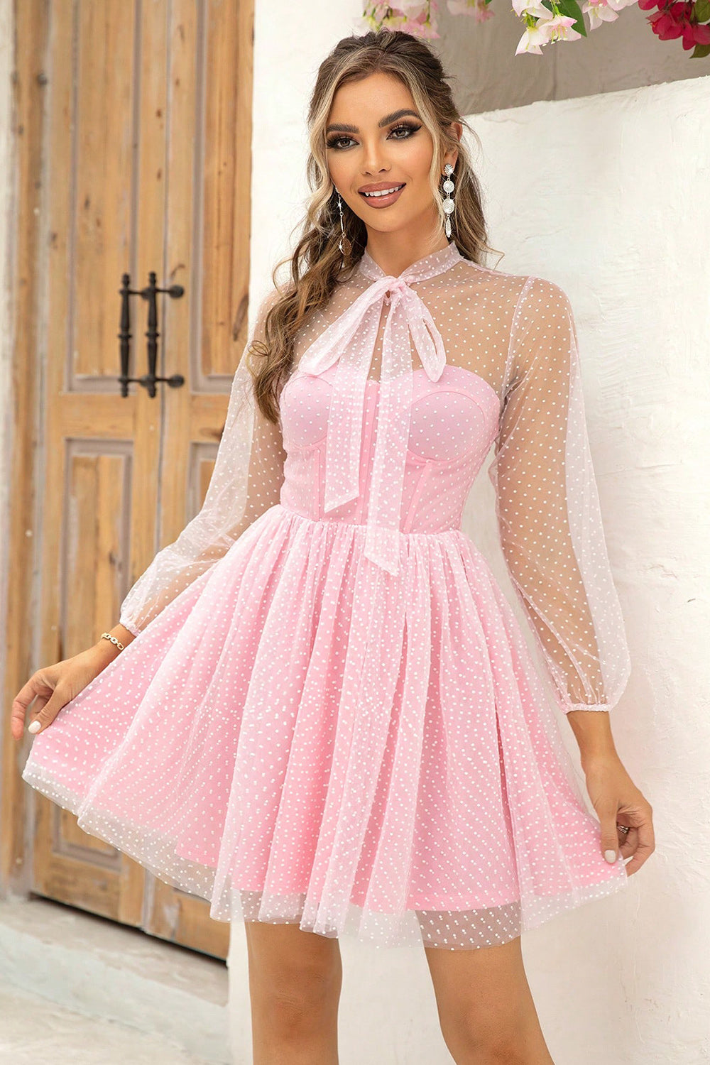 Tie Neck Open Back Mesh Dress - Blushé Belle