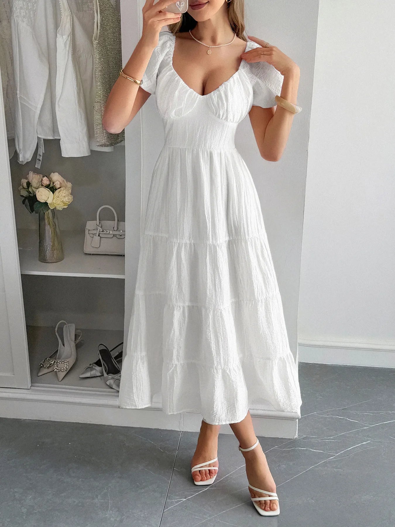 V-Neck Short Sleeve Midi Dress - Blushé Belle