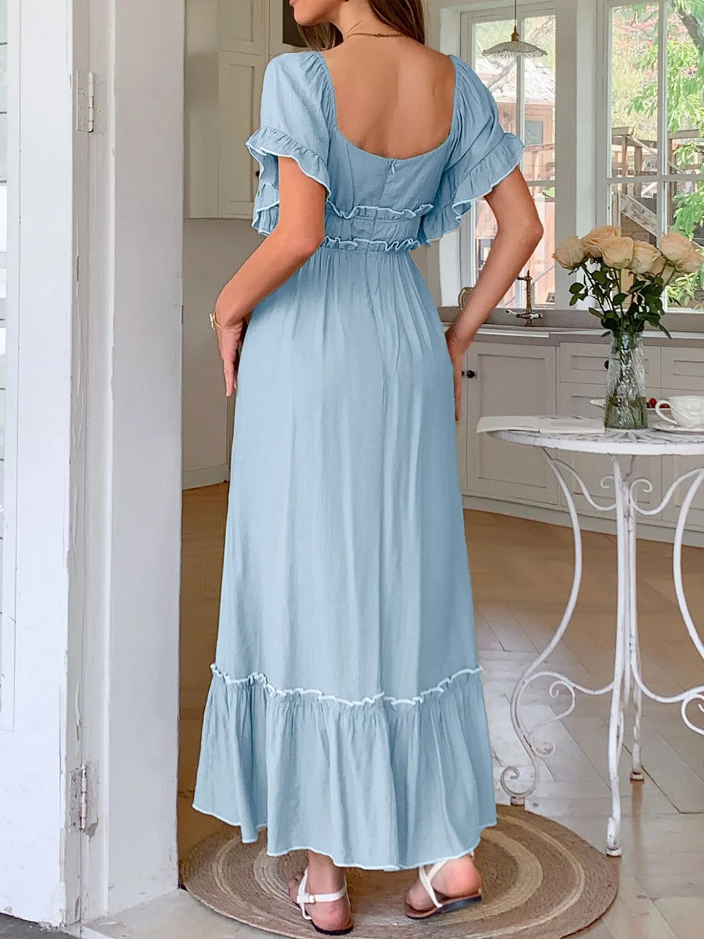 Square Neck Puff Sleeve Ruffle Trim Maxi Dress - Blushé Belle
