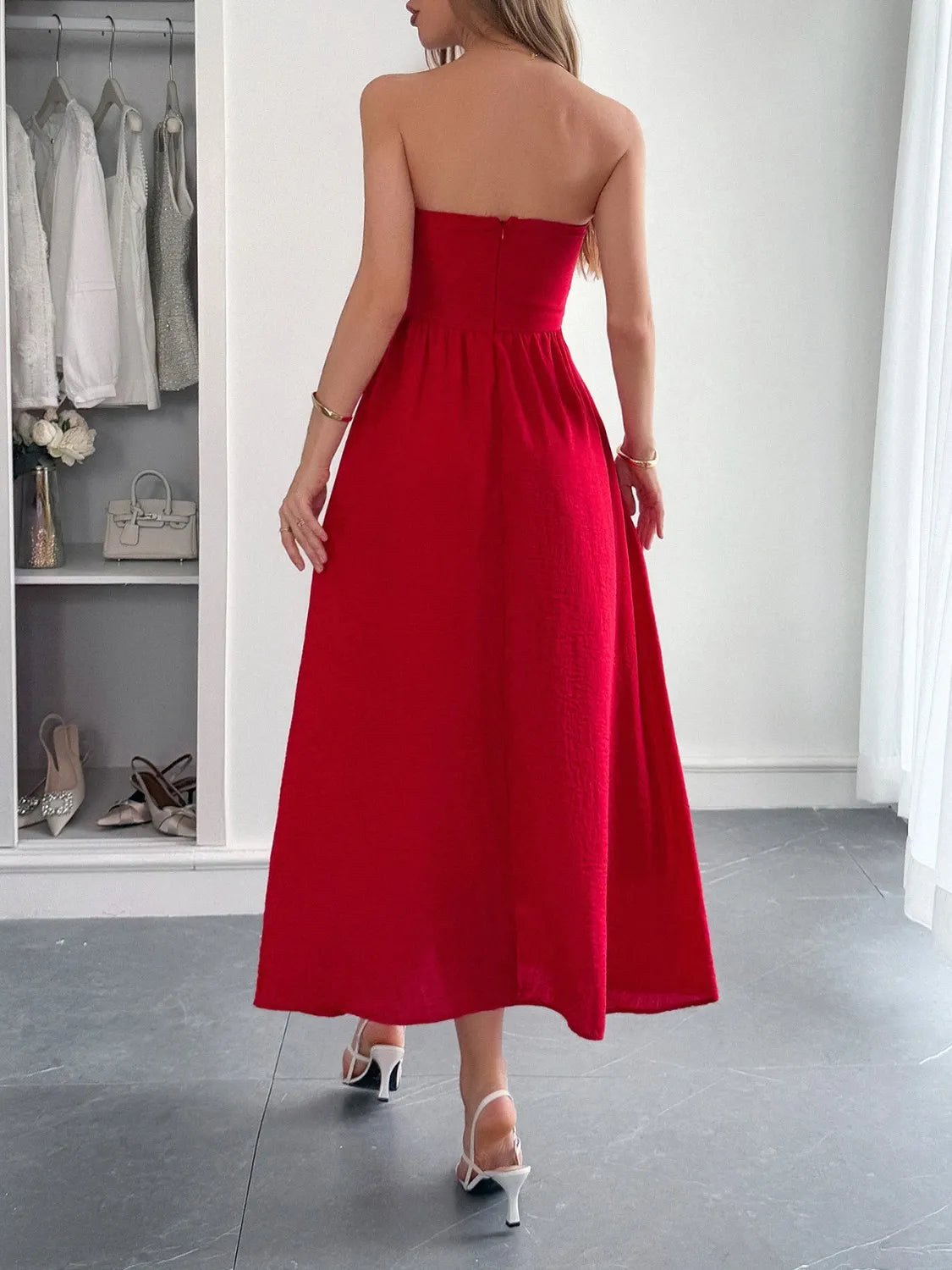Strapless A-Line Midi Dress with Pockets - Blushé Belle