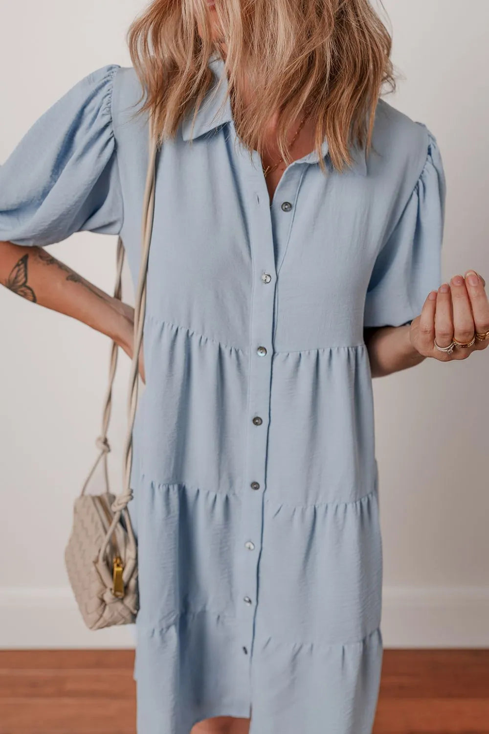 Button Up Puff Sleeve Tiered Shirt Dress - Blushé Belle